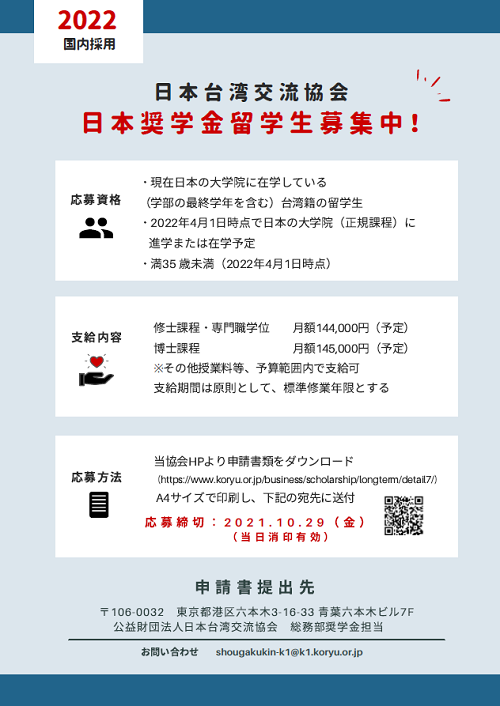 2022年度交流協会奨学金留学生 国内採用 の募集